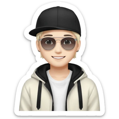 Portrait of a male K-pop idol, white skin, wearing a stylish streetwear outfit with layered clothing, makeup, wearing a black cap, smiling, sunglasses sticker