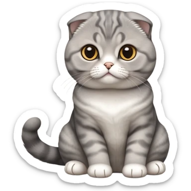 Cinematic-Scottish-Fold-Cat-Realistic-Full-Body-Sitting-Emoji – Tail curled playfully around its paws, head tilted dramatically, thick and plush solid-grey fur, signature folded ears resting gently against its round head, simplified yet realistic focused features, highly detailed, glowing with an almost sarcastic glow, deep amber eyes radiating quiet wisdom and charm. sticker