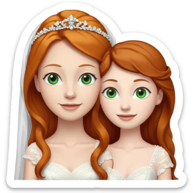 A ginger woman with blue eyes, marrying a taller, pale woman with very dark brown hair and green eyes, both in wedding dresses. sticker