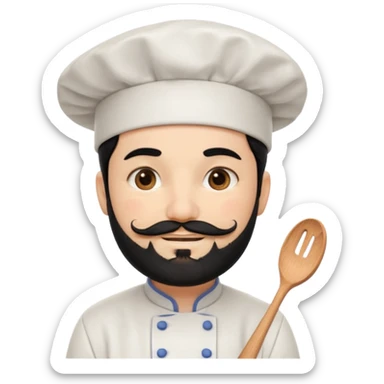CHEF CON PIEL BLANCA, GORRO DE CHEF, PELO NEGRO Y BARBA NEGRA, OJOS MARRON OSCURO. SONRIE Y TIENE MARCAS DE BESOS CON FORMA DE LABIOS EN LAS MEJILLAS  sticker