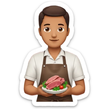 Una carnicería chapala con carnes y un señor promocionando sticker