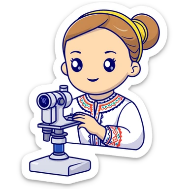 Ukrainian girl in traditional embroidered vyshyvanka shirt holding a microscope sticker