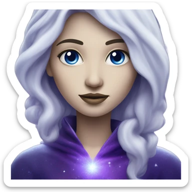 white skinned mystical woman with sparkling galaxy hair with moon and stars in purple and blue shades sticker