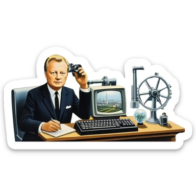 modernization scene in Germany late 1960s to 1970s with modern factories, computers, solar panels, people from industry, science, and society, gears, lightbulb, autobahn, small portraits or silhouettes of Willy Brandt and Helmut Schmidt, optimistic atmosphere sticker