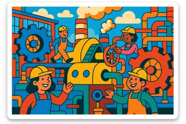 A cartoon-style illustration of a factory with bright colors and exaggerated features. The factory should have a playful and whimsical appearance, with oversized machinery and cheerful workers. The scene should be lively and vibrant. sticker