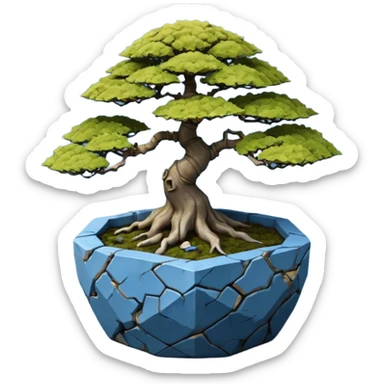 Thailand very old broken intricate Stone Age rocky-crusted dodecahedron-shaped shallow dark moss rough bark blue maple tree bonsai pot sticker