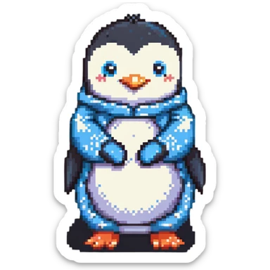 a penguin hugging a pillow, wearing pajamas, pixel art style, cute and cozy sticker