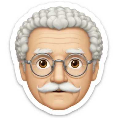 An elderly man emoji with light skin, fluffy curly white hair, thick white eyebrows, brown eyes behind black-framed glasses, a narrow pointed face, and a thin straight white mustache above his mouth. sticker