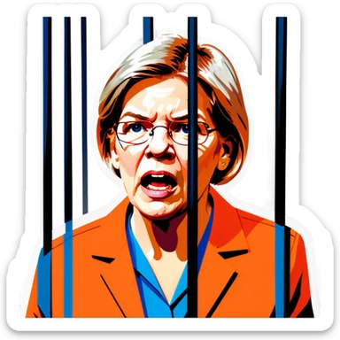 Make a picture of Senator Elizabeth Warren wearing an orange jumpsuit and behind bars make her look worried but only about herself more realistic sticker