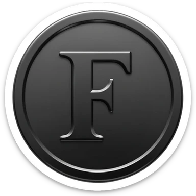 Emoji icon of a black coin with engraved letter F, minimalist style, isolated, no color sticker