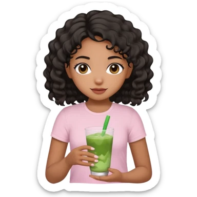 brown girl with wavy to curly black hair with iced matcha. the girl is wearing a baby pink top. sticker