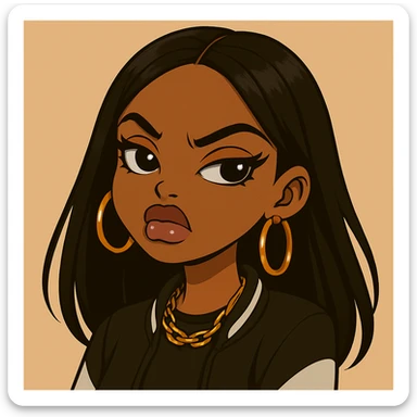 Change her outfit to a more casual style, headshot only, 20-year-old anime Bratz style woman with dark skin, straight hair, big expressive eyes, glossy lips, no hat, no tears, confident and aloof expression, snooty attitude, nose turned up. Maintain the anime Bratz style and the described facial features and expression. sticker