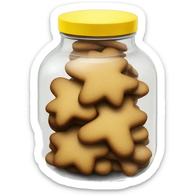 Realistic glass cookie jar yellow lid full of gingerbread cookies isolated.  sticker