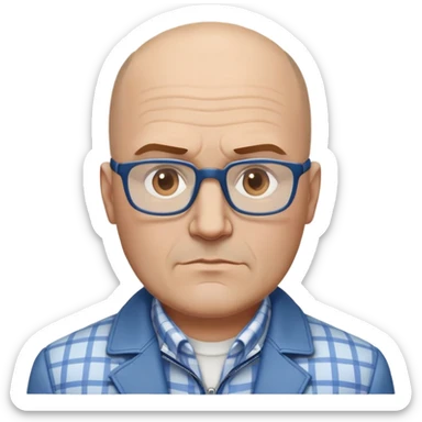 50-year-old heavyset man with very wide face and prominent square jawline. Little to no hair on the sides with some hair on top, balding pattern. Large dark square glasses. Serious-relaxed expression. Light gray jacket that fits his larger frame, white shirt with blue checkered pattern. sticker