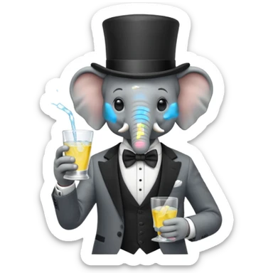elephant wearing suit, bowtie and top hat, holding glass of water sticker