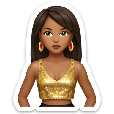 LeToya Luckett with dark brown long hair, gold sequin crop top  sticker