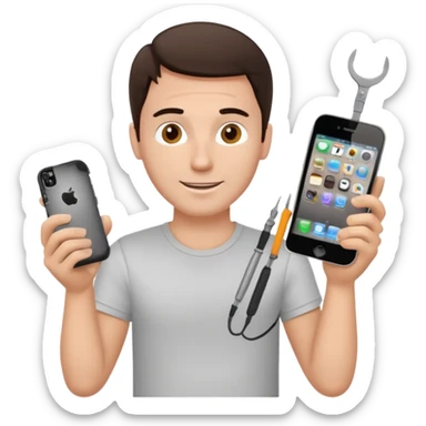 make a white guy with dark brown hair, with a simple white o grey shirt, repairing an iphone happy, tecnician with small tools for phone sticker