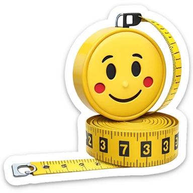 A 3D emoji-style yellow measuring tape, rolled in a spiral with black markings, realistic light and shadow, minimalistic background, vector-like clean design. sticker