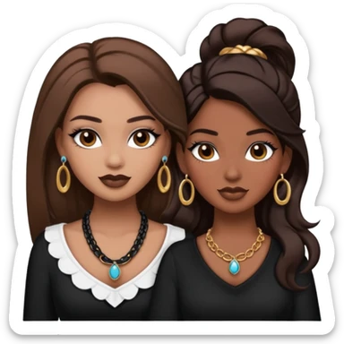 Boujy baddie best friends, trendy heavy makeup both dark hair one light skinned and one mocha brown pretty hair style both wearing black and earrings and necklace one mocha brown skin sticker
