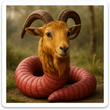 Make this goat-worm hybrid more realistic with a goat's head and beard showing lifelike fur, a coiled worm body with realistic segments and subtle color, and expressive but natural eyes. Render in photorealistic style. sticker