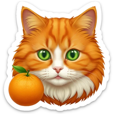 Orange cat eating an orange fruit that has a cat face drawn on it sticker