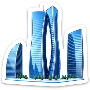 Apple style 3D emoji of the Evolution Tower from Moscow City.
Twisted skyscraper made of blue reflective glass, realistic reflections, light snow on the edges. Glossy 3D icon, smooth shading, high quality, isolated on a white background. sticker