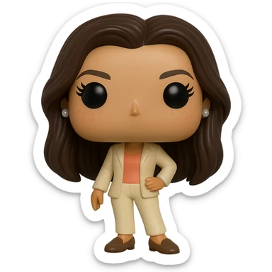 Create a superior quality Funko Pop style vinyl figure of Eva Longoria with luminous smooth tanned skin, detailed dark hair, textured cream blazer, peach top, cream bottoms, small pearly earrings, greige leather loafers clearly visible, cool pose, rosy cheeks, very discreet freckles, eyelashes, mischievous and cheerful expression, no mouth, transparent background. sticker