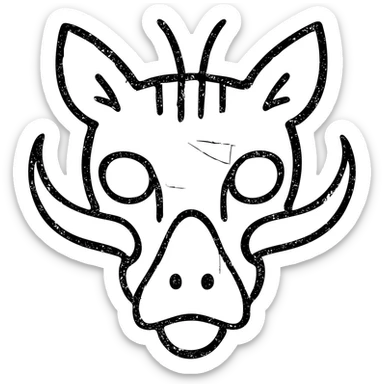 a highly abstract and minimalist red icon combining: stoat fur texture, minotaur skull with horn, frog eyes, elf facial structure, moth antennae, cat ears, platypus bill elements, and capybara nose, all fused into one bizarre chimeric head, extremely weathered with scratches, broken lines, and worn appearance, entirely red sticker