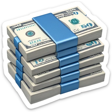 a neat bound stack of blue-and-white banknotes, koan bills , 90s futuristic, the band is dark gray sticker