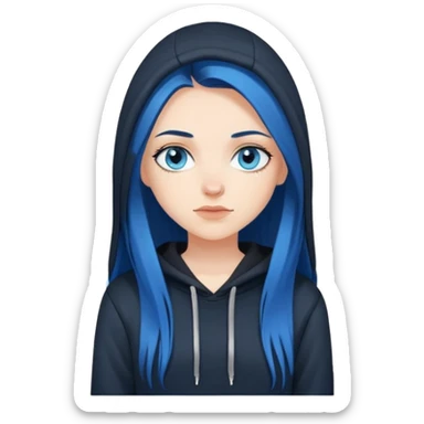 white girl with long straight dark blue hair wearing black hoodie blue eyes sticker