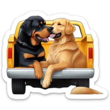 A rottweiller hug A Golden retriever in a truck sticker