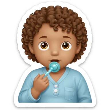Close-up, newborn baby boy, curly hair, pacifier sticker