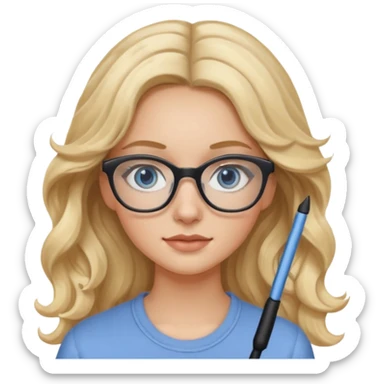 Fille 20ans qui a des cheveux long et blond et wavy avec des lunettes et des yeux bleu- gris avec du mascara sticker