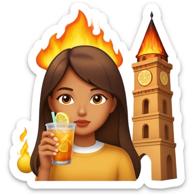 A tower is burning down but the girl is still chilling in front of it sipping iced lemon tea sticker