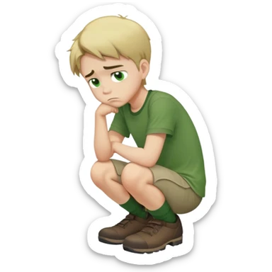 sad boy full body crouched down green shirt sticker
