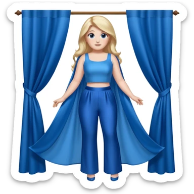 Meghan Trainor dressed in blue crop and blue silk pants holding blue curtain  sticker