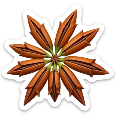 star anise pods (1-2), whole, reddish-brown, eight pointed arms, perfect star shape, smooth and slightly glossy, visible seeds, woody crisp texture, no extras, soft lighting, transparent background, emoji scale sticker