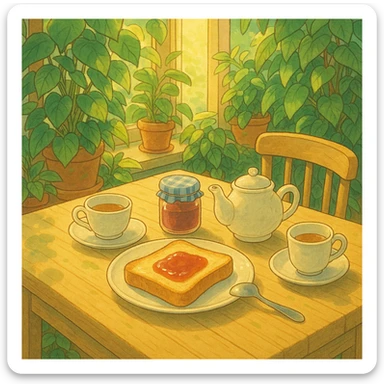 a cozy Ghibli-style breakfast table with toast, jam, and tea, surrounded by plants and morning sunlight sticker