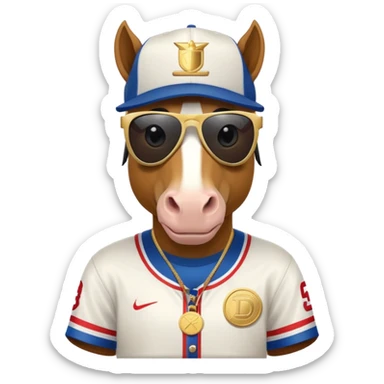 friendly anthropomorphised horse in RUN DMC style outfit, gold medal, baseball hat, sunglasses sticker