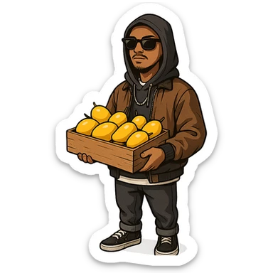 a cool mango seller dressed in modern street fashion, sunglasses, and a hoodie, with mangoes sticker