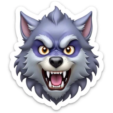 Cinematic Comical Werewolf Portrait Emoji, with a whimsically exaggerated lupine face in vivid moonlit grays and silvers, head cocked in a dramatically shocked expression with comically oversized, wide eyes and a playful snarl, simplified yet hilariously expressive, highly detailed with a soft cartoonish glowing outline capturing the mischievous humor of a werewolf mid-transformation! sticker