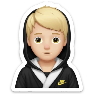 Create a blond boy with long, messy hair, light eyes, a white t-shirt, rich, with long hair, blue eyes, medium-length, voluminous hair, wearing a black Nike bathrobe and a little blush near his nose. and with a balaclava like a ninja sticker