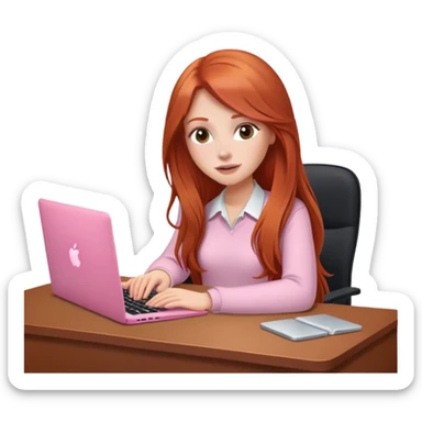 Long hair Redhead sat at desk with pink MacBook  sticker