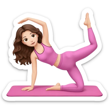 White, brown -eyed, brunette cute feminine lady emoji with wavy long hair doing pilates wearing pink pilates fit sticker
