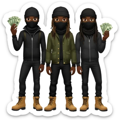 Group of African American men with dreadlocks wearing black ski masks covering their face wearing black skinny jeans and black timberland boots holding money and drugs sticker