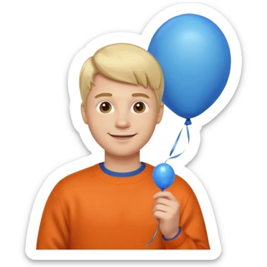 white skin, blonde hair man, orange sweater, hold blue balloon sticker