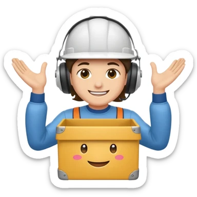 Tengo que dar una capacitacion de orgonomia, necesito un emoji de un operario con casco blanco y delantal blanco de manga larga que levante una caja cerrada con las dos manos a la altura de los hombros sticker