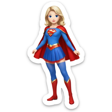 Supergirl superhero full body, blue tights with red skirt, red cape and S emblem on chest sticker