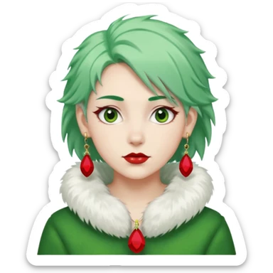 white furred unicorn with green hair and big red earrings looking into camera sticker