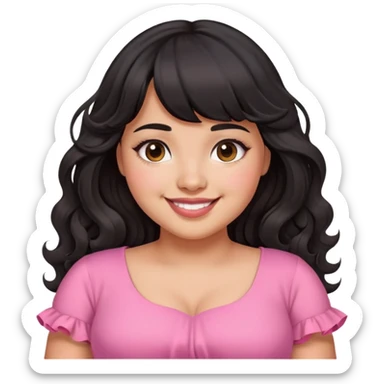 Latina girl with bangs black long wavy hair plus size with a pink dress in love sticker